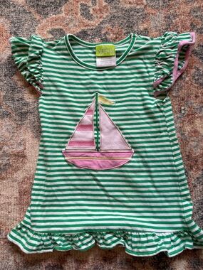Girls Green & White Striped Sailboat Top 4T